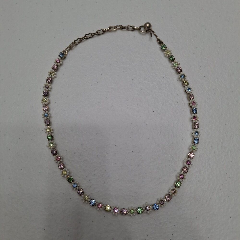 White Pink Blue Rhinestone Silver Tone Flower Floral Rhinestone Choker Necklace